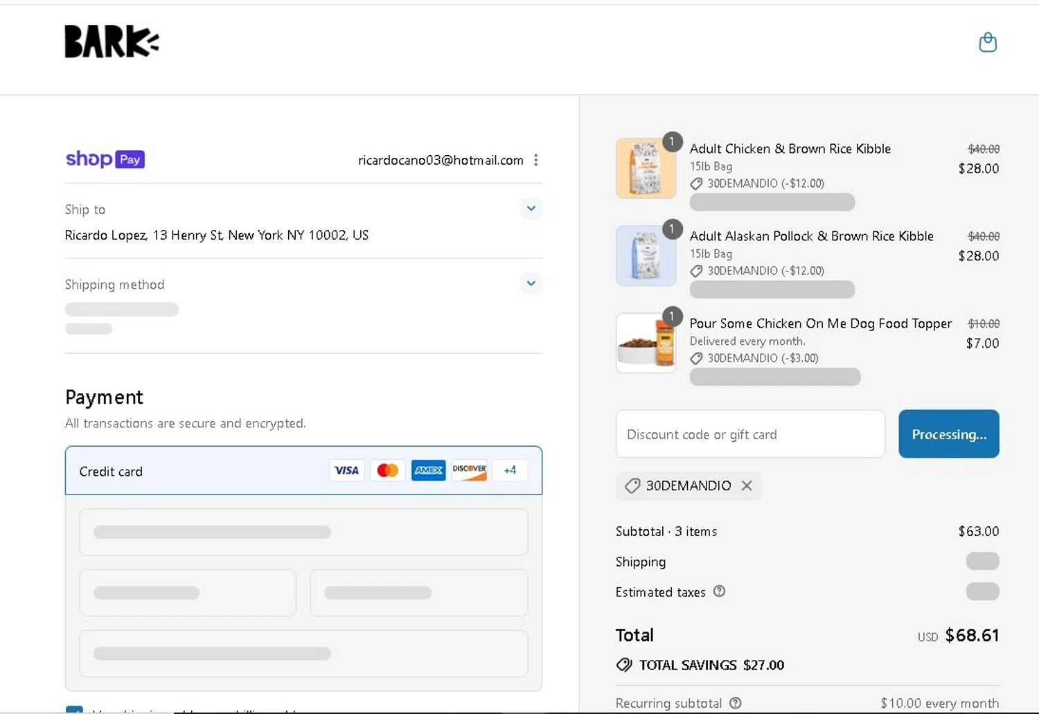 BarkBox discount code screenshot showing code 30DEMANDIO applied at BarkBox checkout page. Uploaded by SimplyCodes community member LAMINEJAMAL on Aug 12, 2025