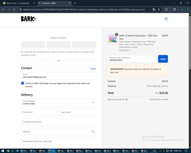 BarkBox checkout page showing BarkBox discount code box | Screenshot taken by SimplyCodes community member on Aug 23, 2025