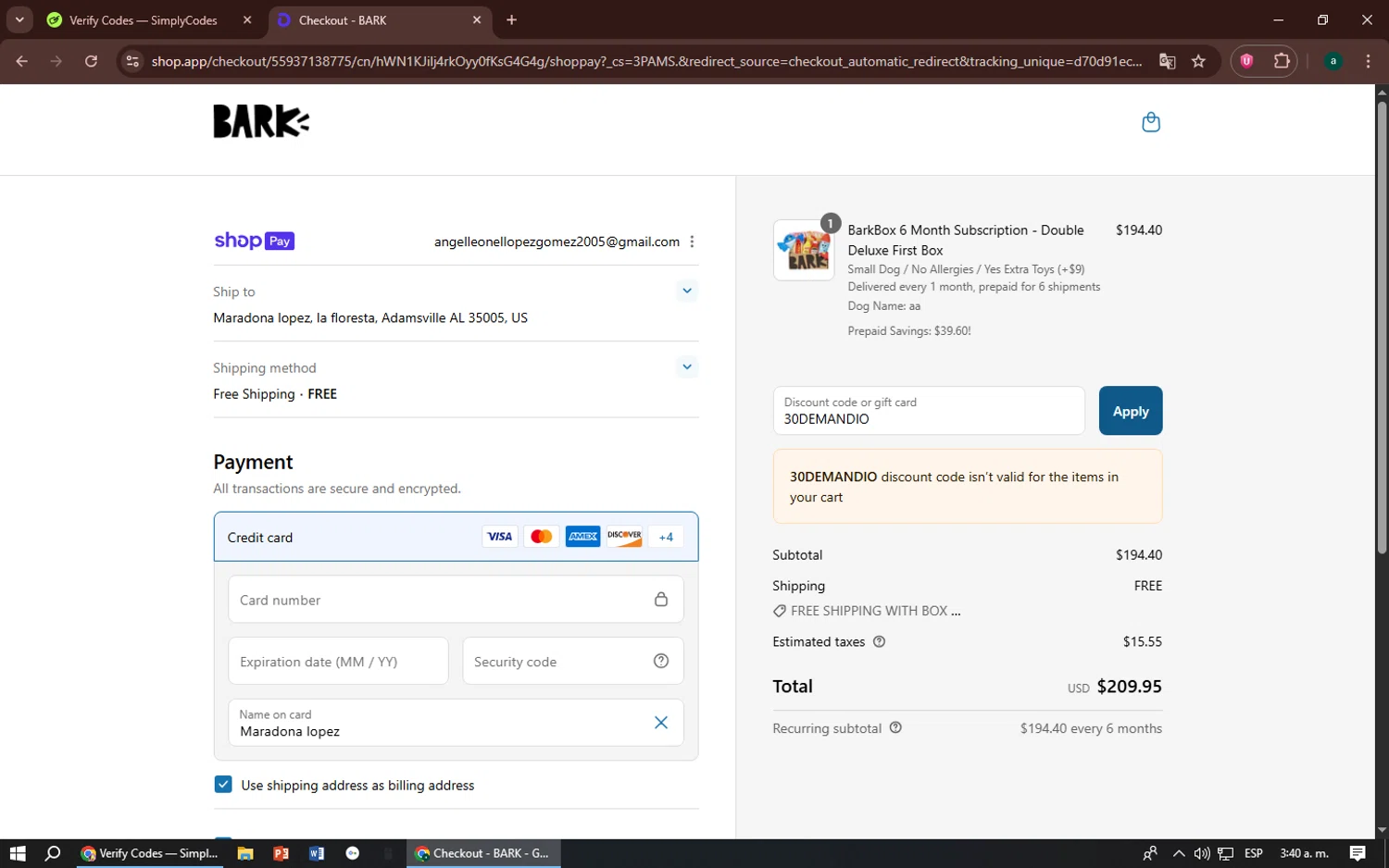 BarkBox discount code screenshot showing code 30DEMANDIO applied at BarkBox checkout page. Uploaded by SimplyCodes community member zizu55 on Aug 2, 2025