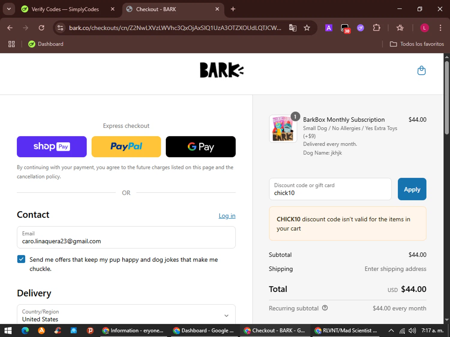 BarkBox discount code screenshot showing code chick10 applied at BarkBox checkout page. Uploaded by SimplyCodes community member Noleimportaanadie on May 1, 2025