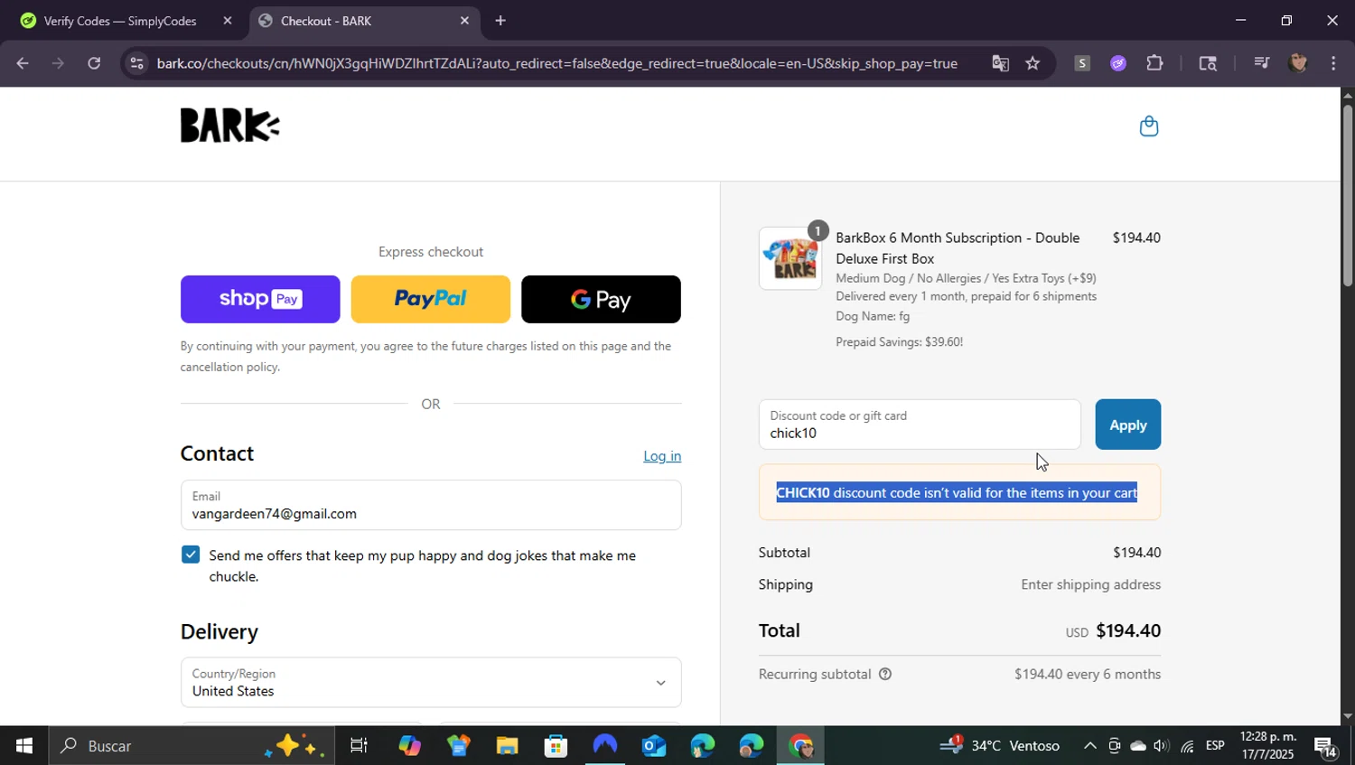 BarkBox discount code screenshot showing code chick10 applied at BarkBox checkout page. Uploaded by SimplyCodes community member ShieldEagle9436 on Jul 17, 2025