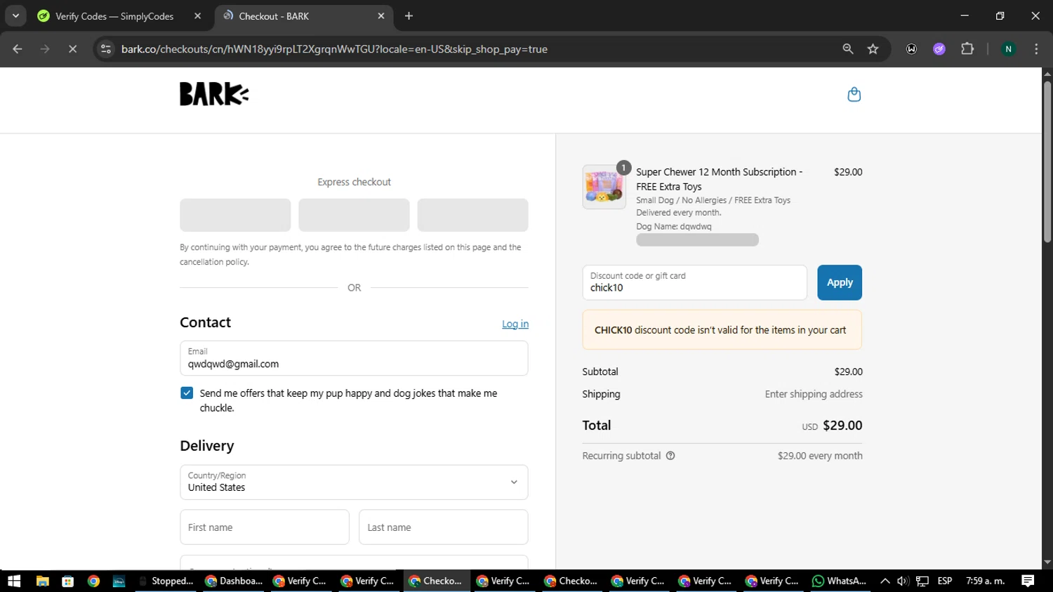 BarkBox discount code screenshot showing code chick10 applied at BarkBox checkout page. Uploaded by SimplyCodes community member nataaokiiii on Jul 28, 2025