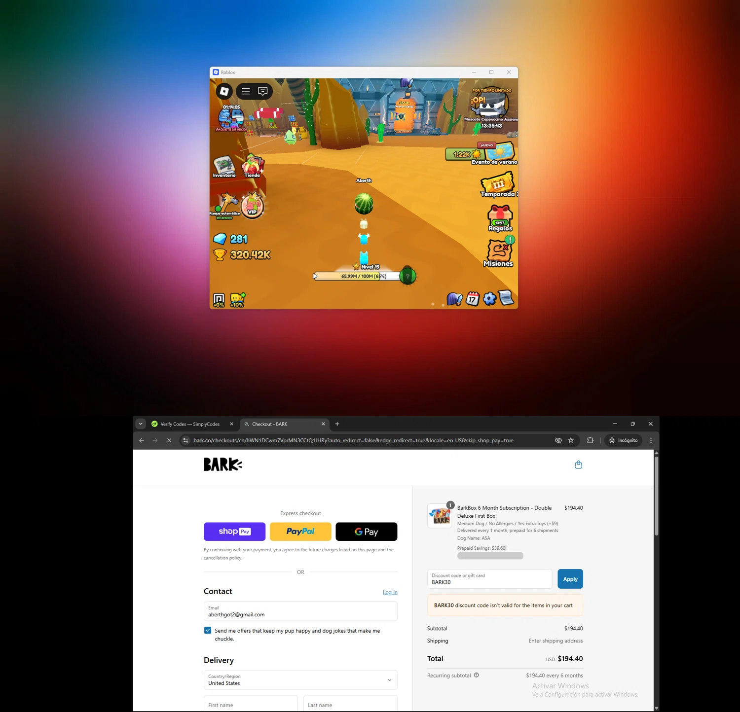 BarkBox discount code screenshot showing code BARK30 applied at BarkBox checkout page. Uploaded by SimplyCodes community member AVATIGRITO on Jul 30, 2025