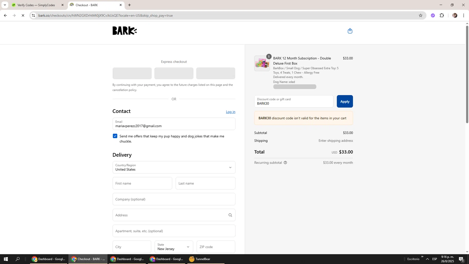 BarkBox discount code screenshot showing code BARK30 applied at BarkBox checkout page. Uploaded by SimplyCodes community member Levi_Ackerman on Aug 27, 2025