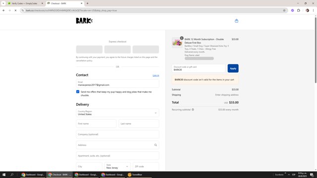 BarkBox checkout page showing BarkBox discount code box | Screenshot taken by SimplyCodes community member on Aug 27, 2025