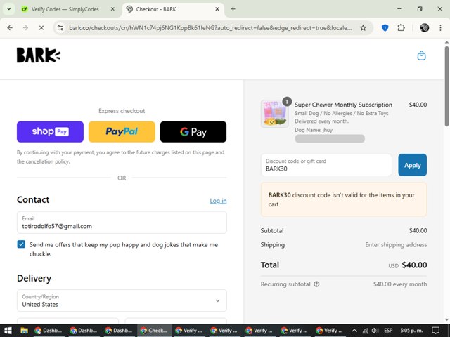 BarkBox checkout page showing BarkBox discount code box | Screenshot taken by SimplyCodes community member on Aug 9, 2025