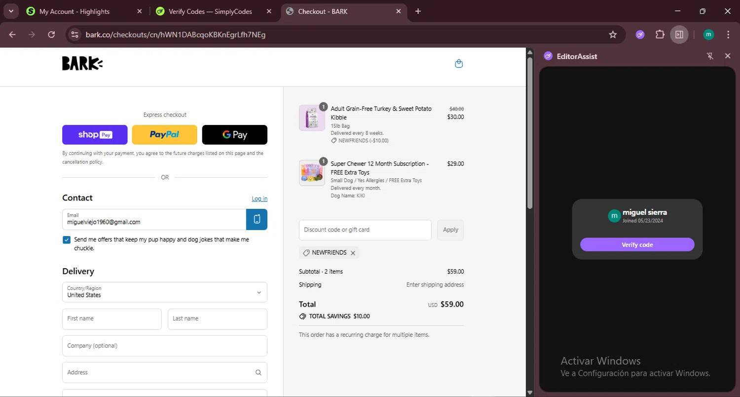 BarkBox discount code screenshot showing code NEWFRIENDS applied at BarkBox checkout page. Uploaded by SimplyCodes community member CrownSpotter4262 on Jul 30, 2025