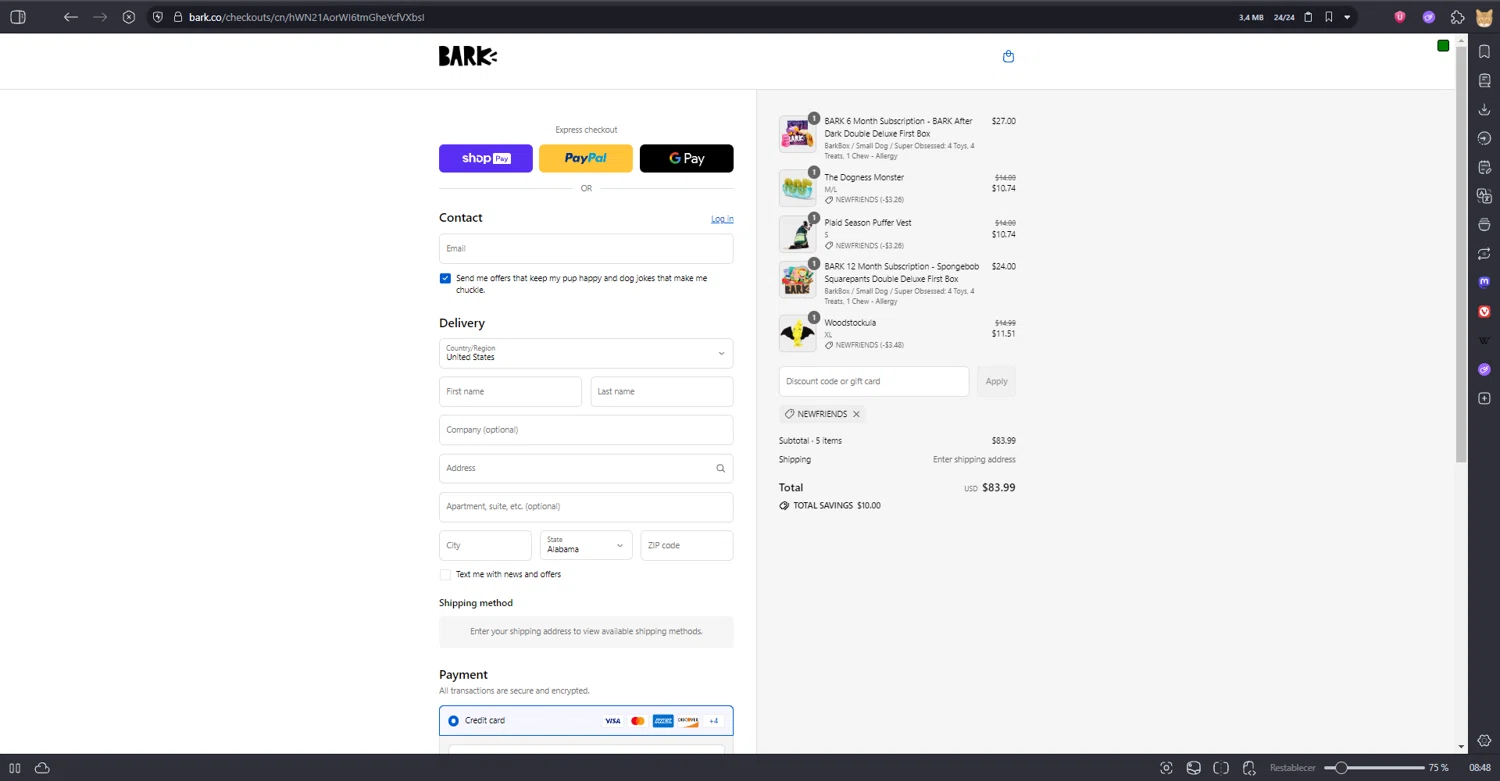BarkBox discount code screenshot showing code NEWFRIENDS applied at BarkBox checkout page. Uploaded by SimplyCodes community member kaiser2 on Aug 20, 2025