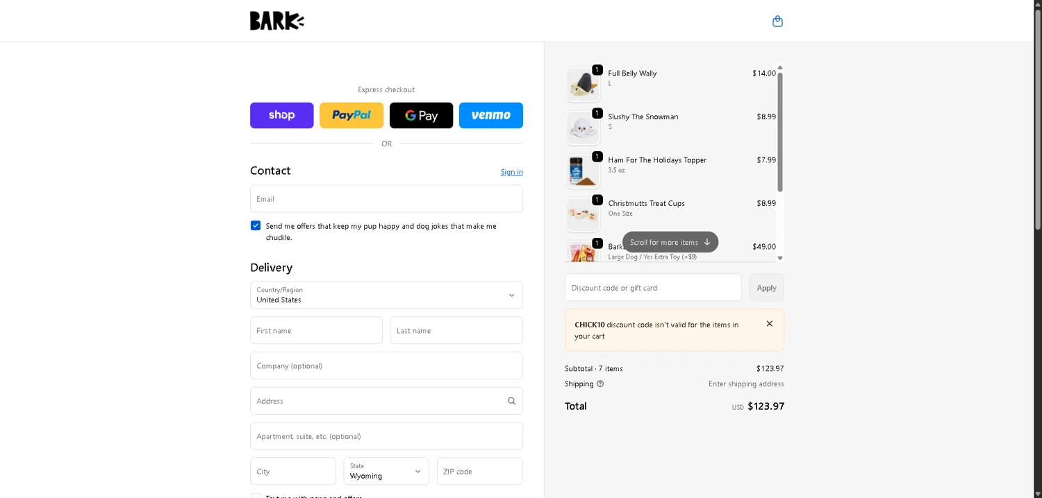 Bark Bright checkout page showing Bark Bright promo code box | Screenshot taken by SimplyCodes community member on Jan 2, 2026