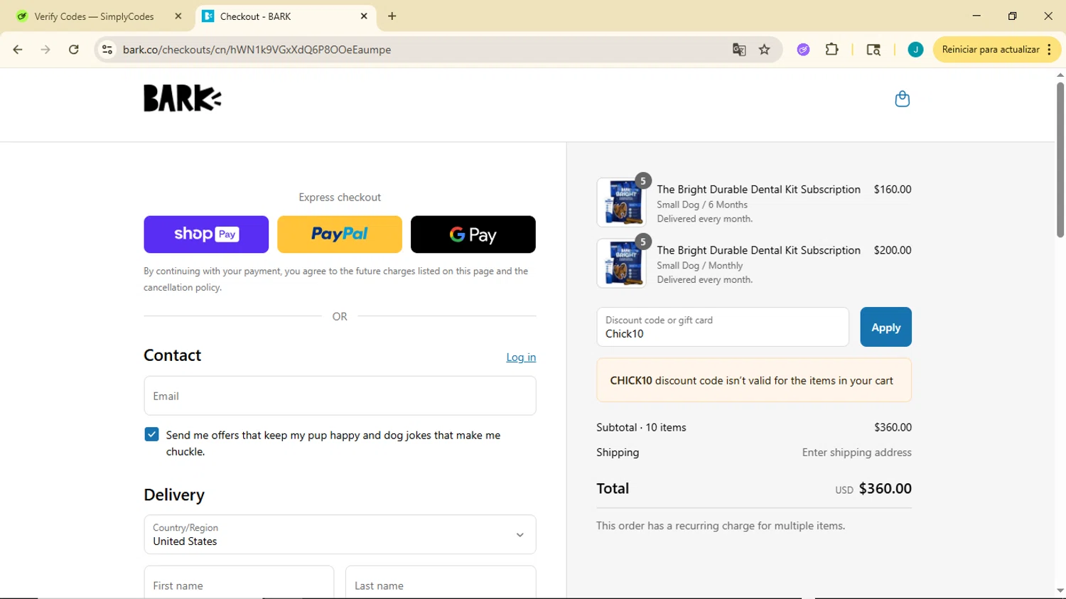 Bark Bright promo code screenshot showing code Chick10 applied at Bark Bright checkout page. Uploaded by SimplyCodes community member GoldDefender3268 on Aug 13, 2025