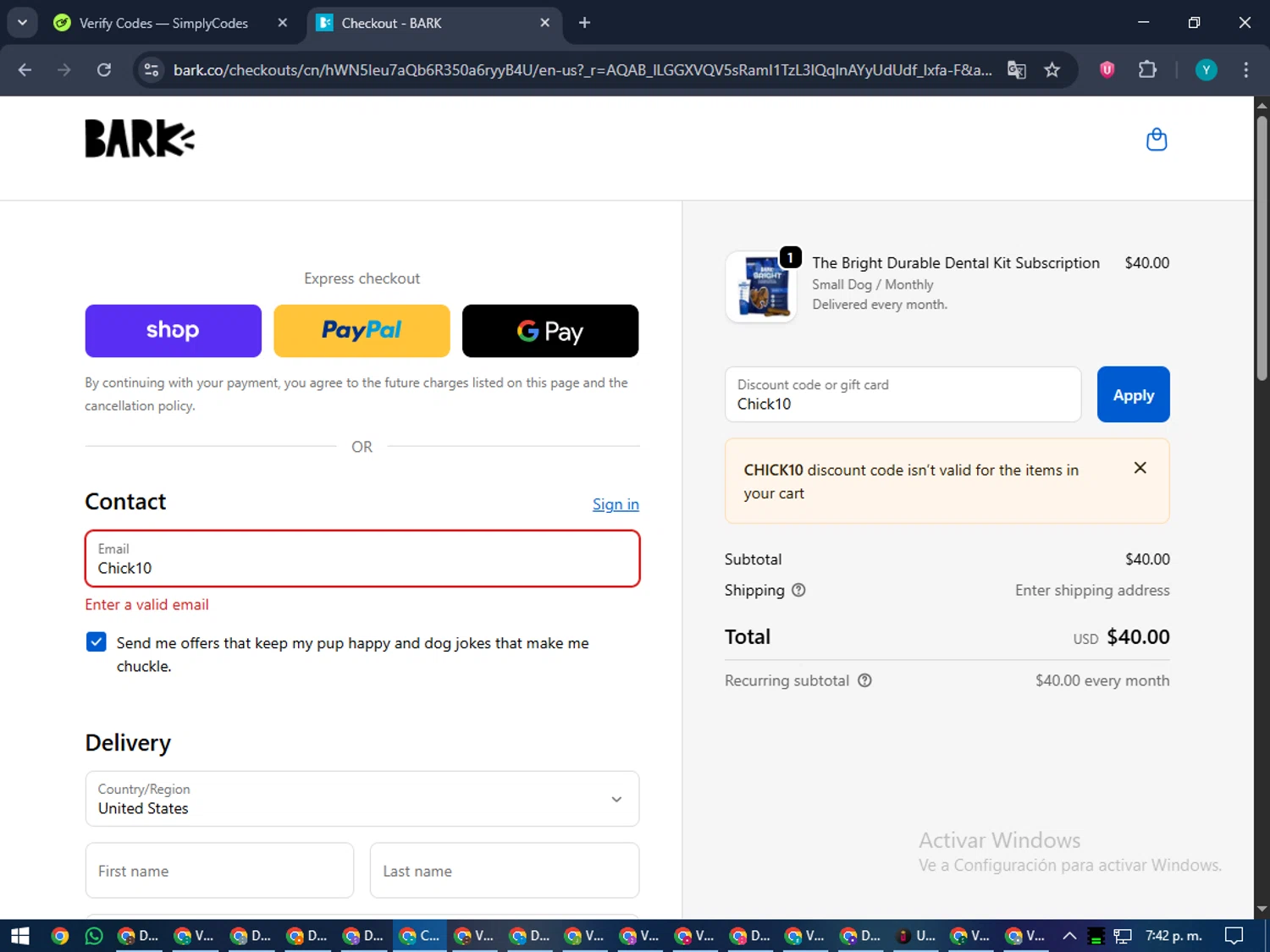 Bark Bright promo code screenshot showing code Chick10 applied at Bark Bright checkout page. Uploaded by SimplyCodes community member RoyalEagle4794 on Nov 14, 2025