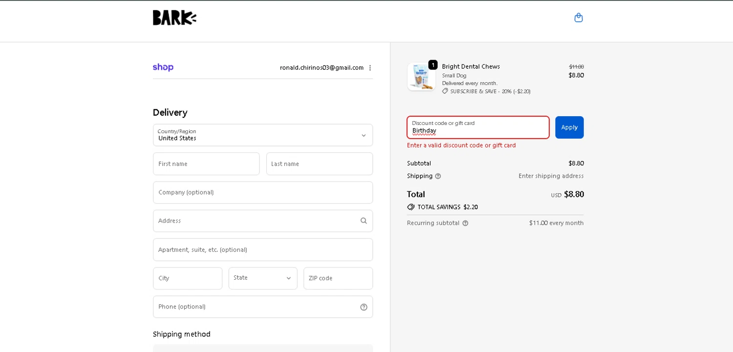 Bark Bright promo code screenshot showing code Birthday applied at Bark Bright checkout page. Uploaded by SimplyCodes community member SmartWhiz589 on Dec 17, 2025