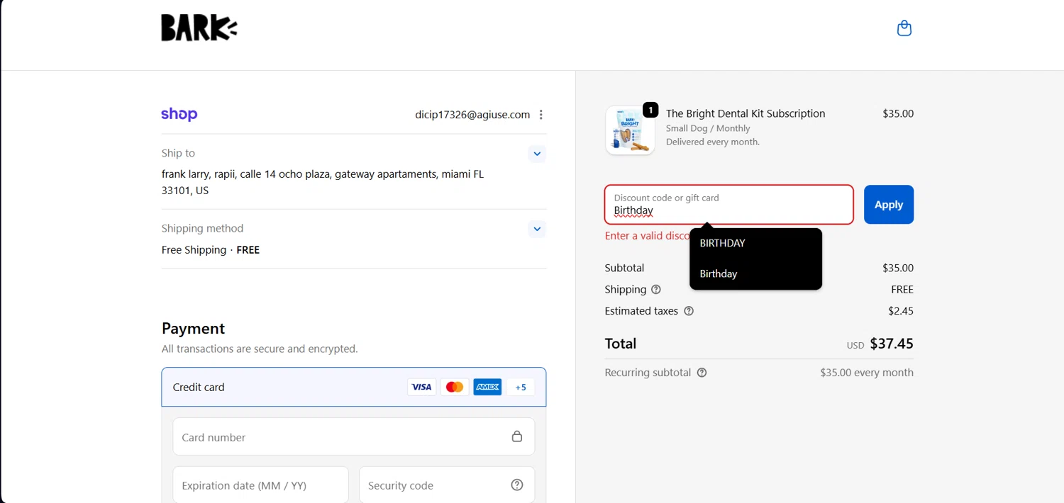 Bark Bright promo code screenshot showing code Birthday applied at Bark Bright checkout page. Uploaded by SimplyCodes community member ThriftyBoss8495 on Dec 17, 2025