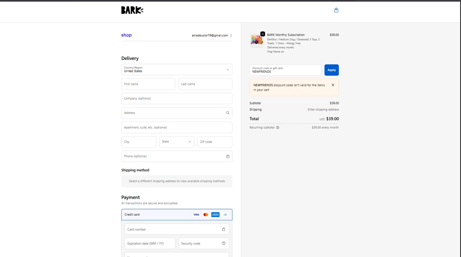 Bark Bright promo code screenshot showing code NEWFRIENDS applied at Bark Bright checkout page. Uploaded by SimplyCodes community member Ricacocaina on Oct 3, 2025