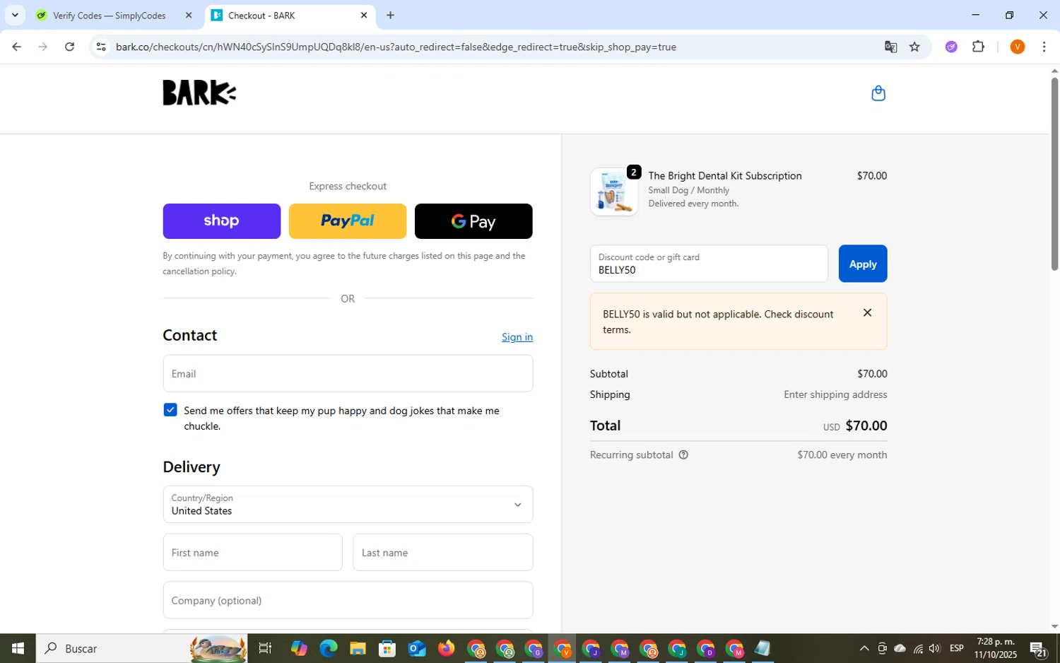Bark Bright promo code screenshot showing code BELLY50 applied at Bark Bright checkout page. Uploaded by SimplyCodes community member CleverSpotter4192 on Oct 11, 2025