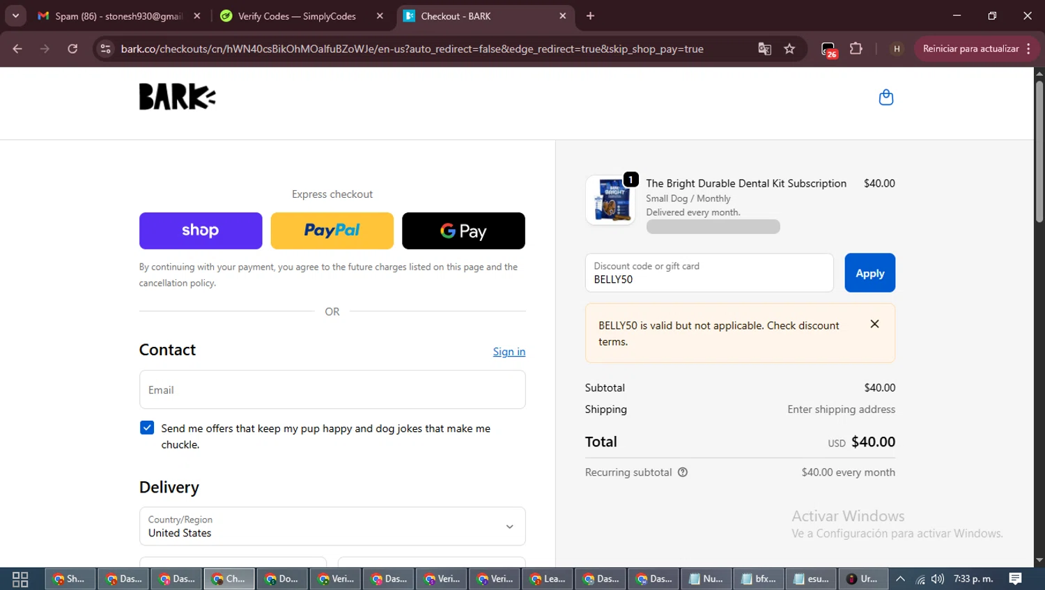 Bark Bright promo code screenshot showing code BELLY50 applied at Bark Bright checkout page. Uploaded by SimplyCodes community member VictoriousPioneer8823 on Oct 11, 2025