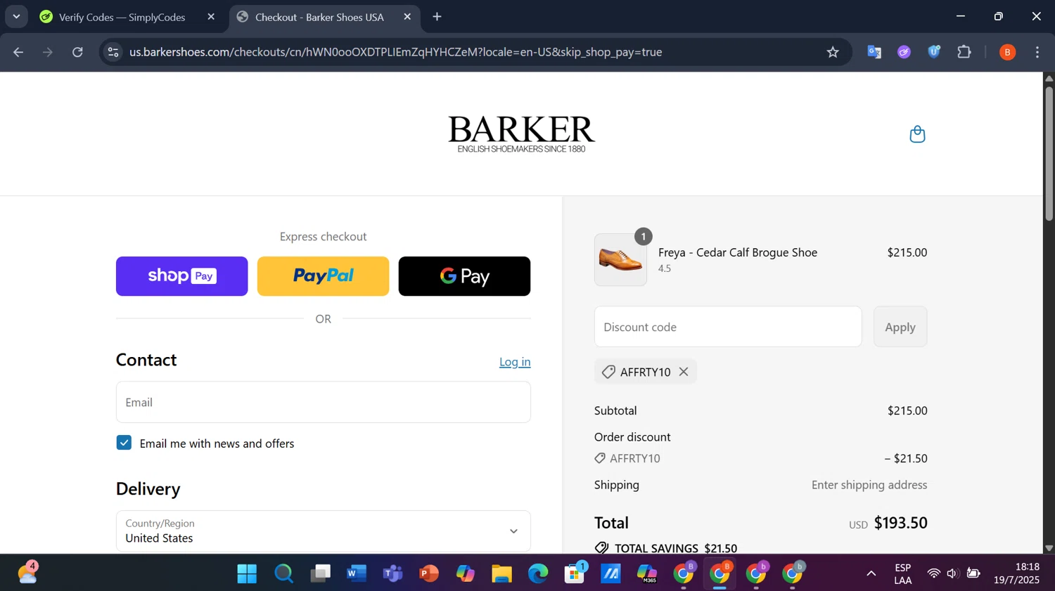 Barker Shoes discount code screenshot showing code AFFRTY10 applied at Barker Shoes checkout page. Uploaded by SimplyCodes community member PrimeShopper9739 on Jul 19, 2025