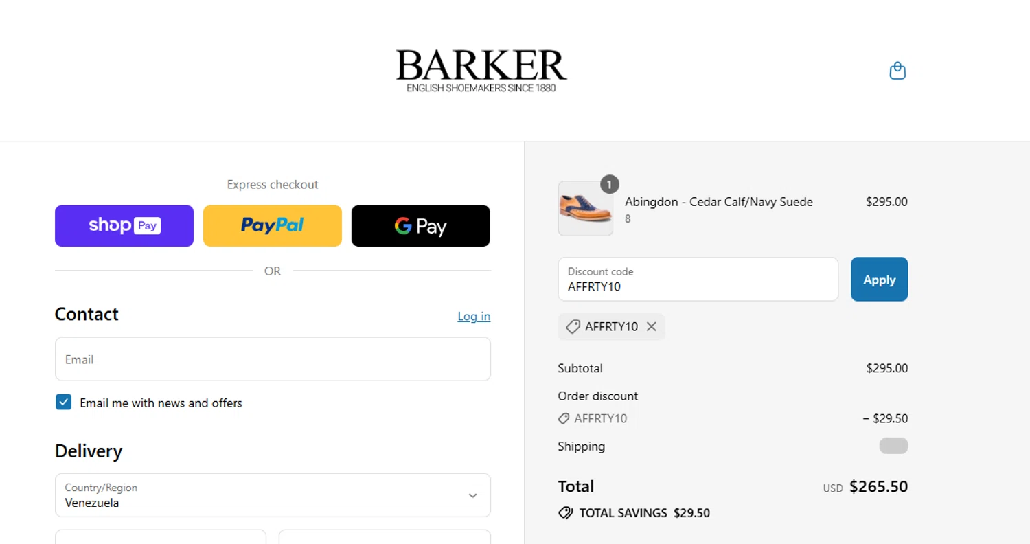 Barker Shoes discount code screenshot showing code AFFRTY10 applied at Barker Shoes checkout page. Uploaded by SimplyCodes community member Randy2000 on Aug 9, 2025