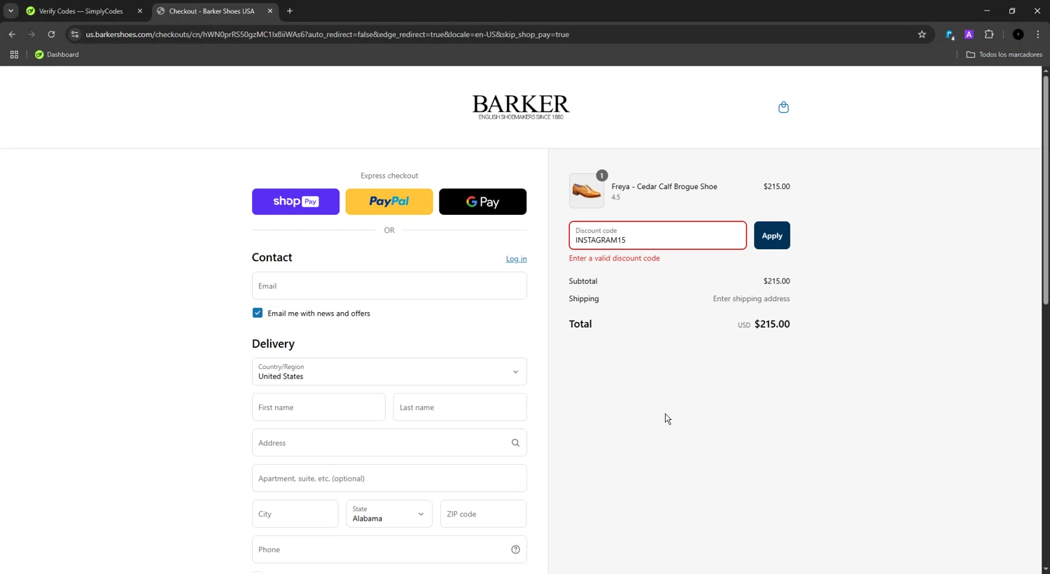 Barker Shoes discount code screenshot showing code INSTAGRAM15 applied at Barker Shoes checkout page. Uploaded by SimplyCodes community member MagnificentKnight9534 on Jul 20, 2025