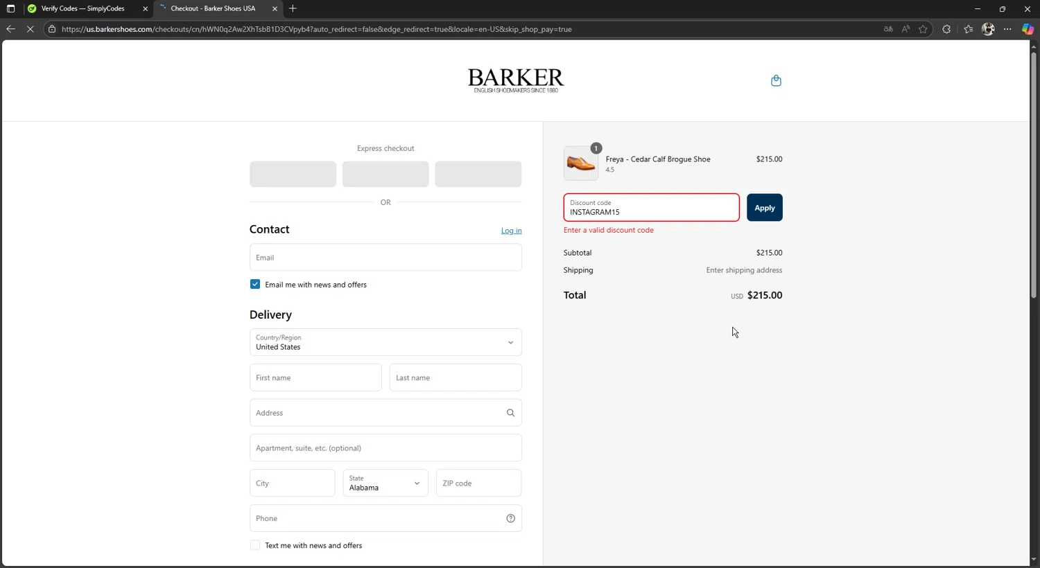 Barker Shoes discount code screenshot showing code INSTAGRAM15 applied at Barker Shoes checkout page. Uploaded by SimplyCodes community member TreasureMonarch3770 on Jul 20, 2025