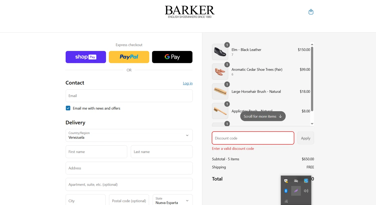 Barker Shoes discount code screenshot showing code INSTAGRAM15 applied at Barker Shoes checkout page. Uploaded by SimplyCodes community member eliannyjimenez on Jul 20, 2025
