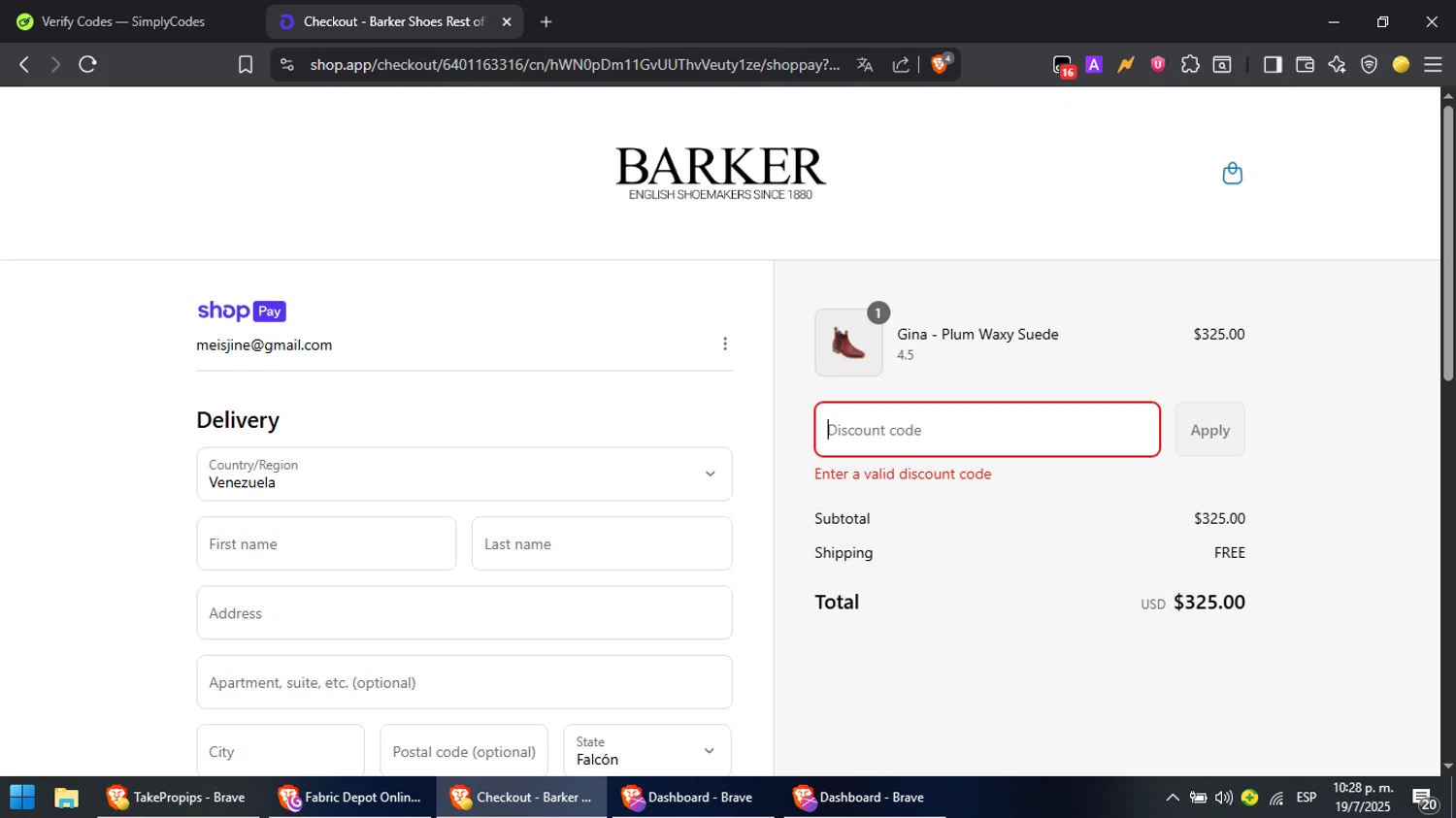 Barker Shoes discount code screenshot showing code G6HPVBMK applied at Barker Shoes checkout page. Uploaded by SimplyCodes community member PromoScout8746 on Jul 20, 2025