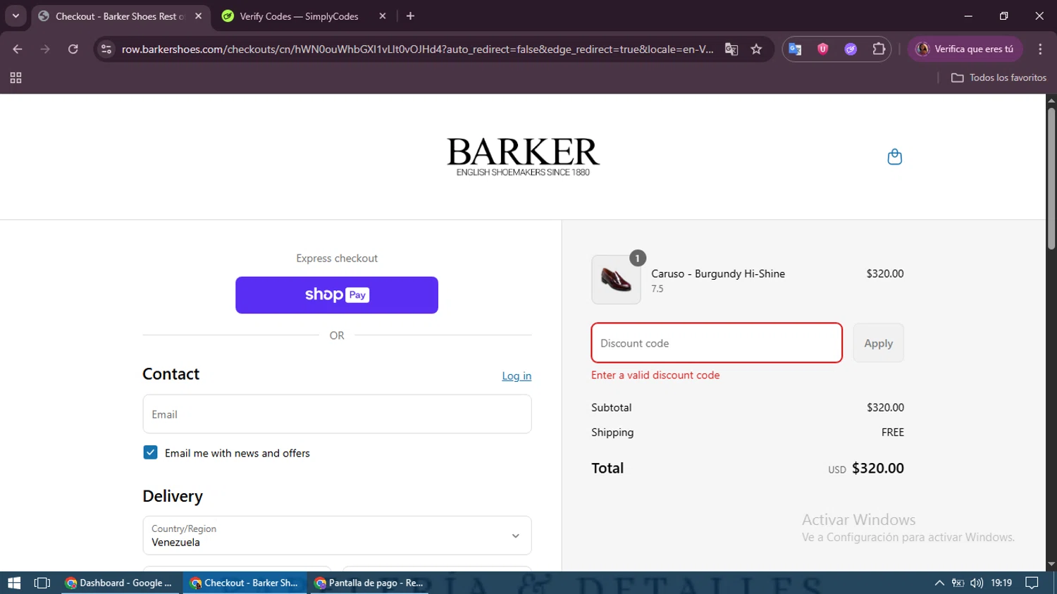 Barker Shoes discount code screenshot showing code G6HPVBMK applied at Barker Shoes checkout page. Uploaded by SimplyCodes community member TreasureSleuth109 on Jul 19, 2025