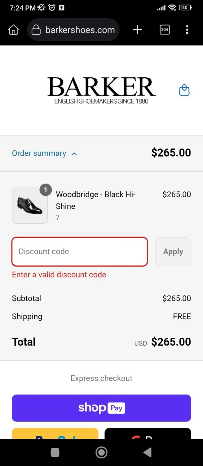 Barker Shoes discount code screenshot showing code G6HPVBMK applied at Barker Shoes checkout page. Uploaded by SimplyCodes community member User07 on Jul 19, 2025