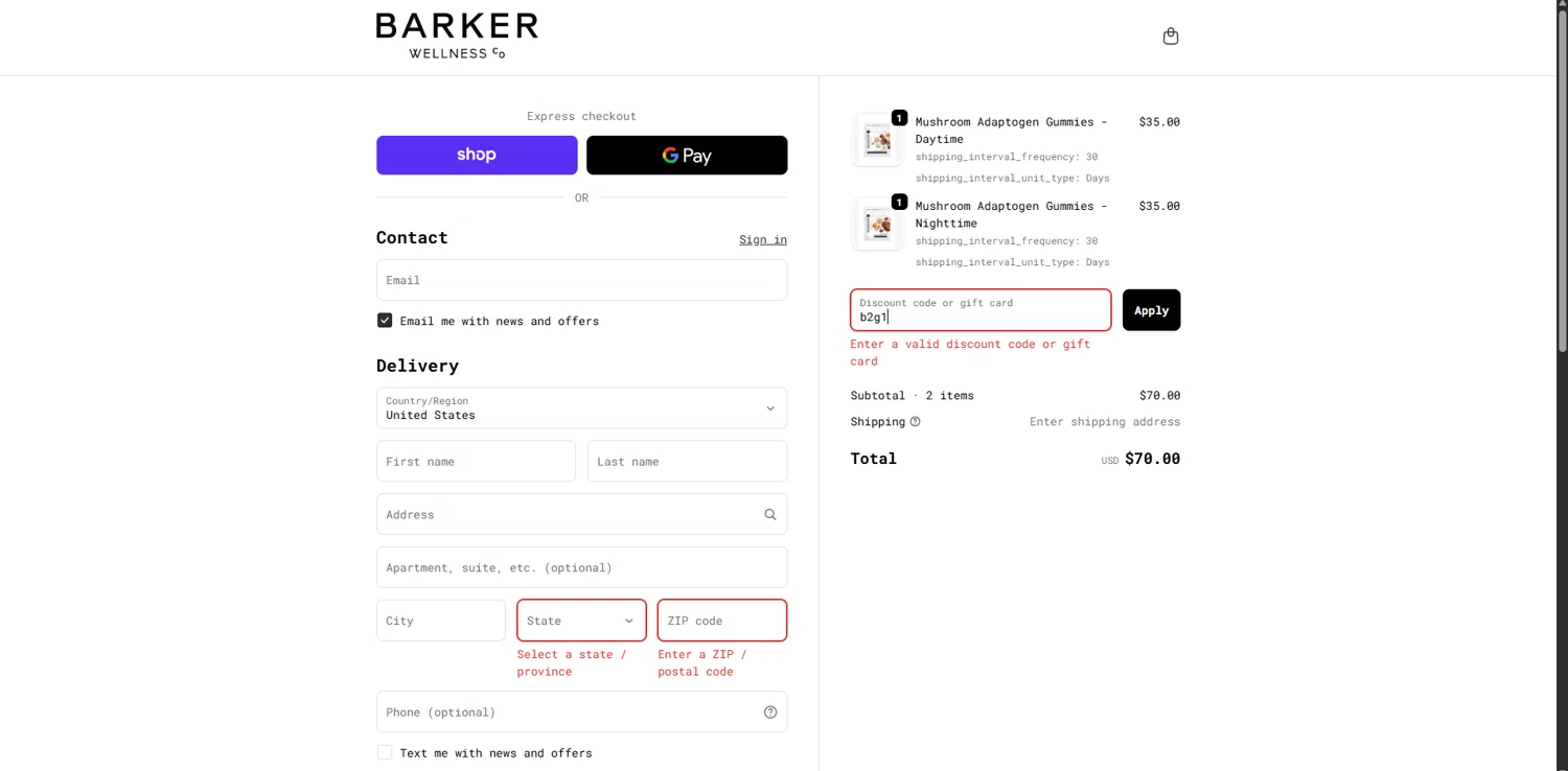 Barker Wellness Co promo code screenshot showing code b2g1 applied at Barker Wellness Co checkout page. Uploaded by SimplyCodes community member BrilliantGenius7871 on Sep 24, 2025