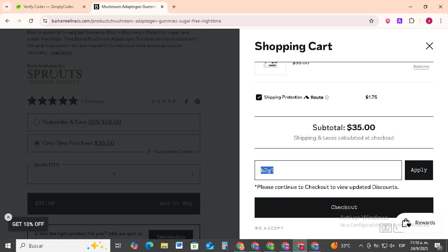 Barker Wellness Co promo code screenshot showing code b2g1 applied at Barker Wellness Co checkout page. Uploaded by SimplyCodes community member FrugalMonarch7277 on Sep 24, 2025
