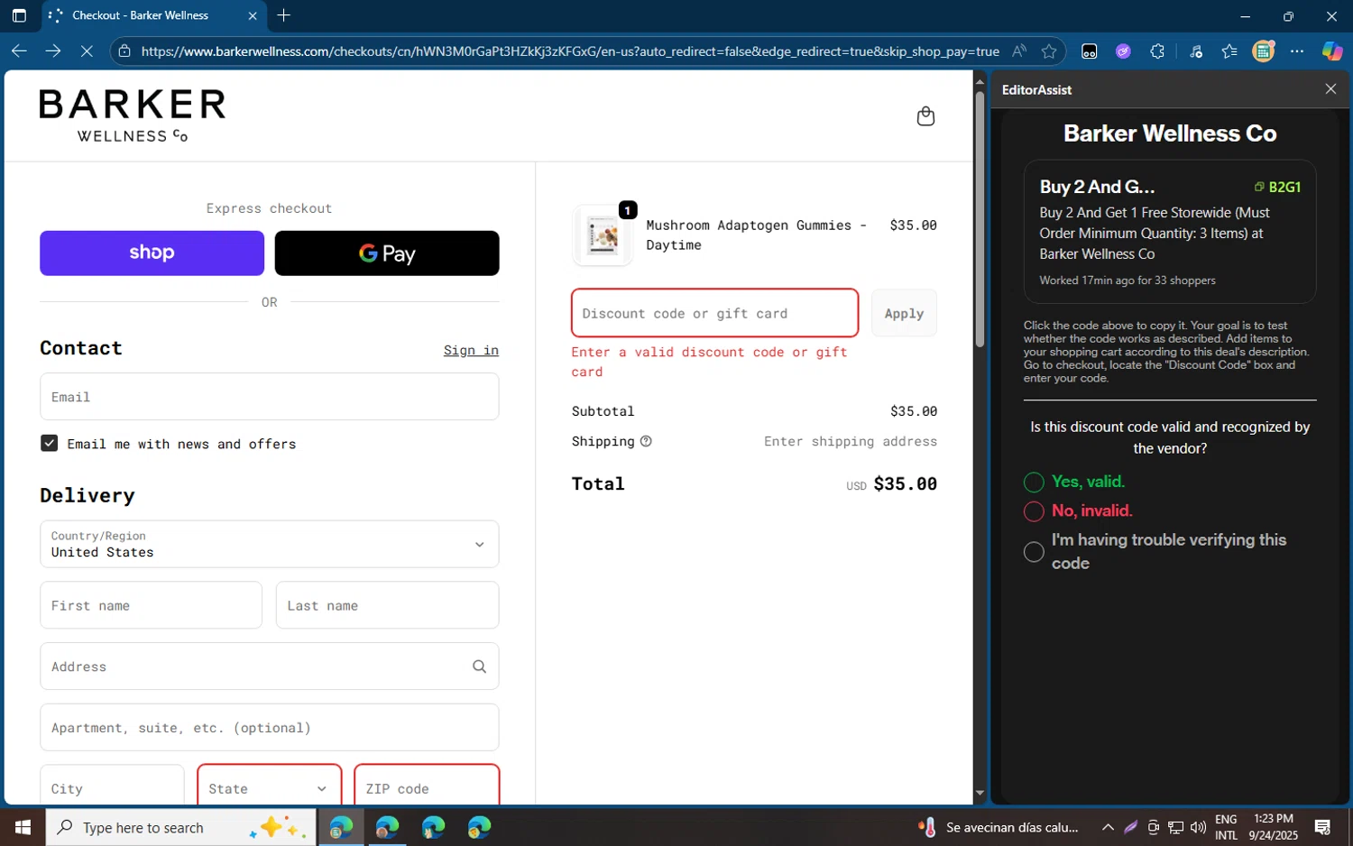 Barker Wellness Co promo code screenshot showing code b2g1 applied at Barker Wellness Co checkout page. Uploaded by SimplyCodes community member jvllsk3 on Sep 24, 2025