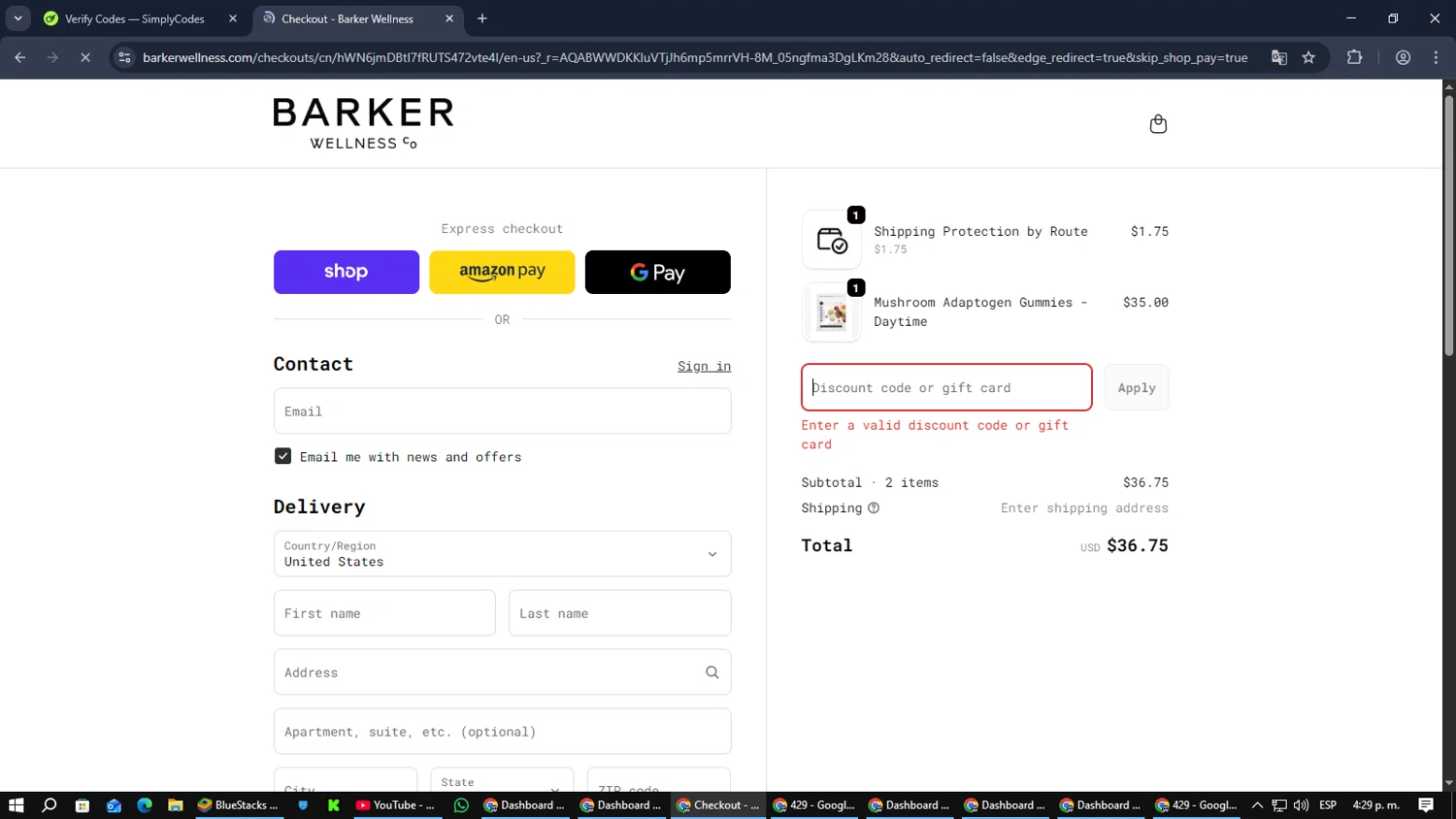 Barker Wellness Co promo code screenshot showing code SIGNUP15 applied at Barker Wellness Co checkout page. Uploaded by SimplyCodes community member PromoScout874 on Dec 22, 2025