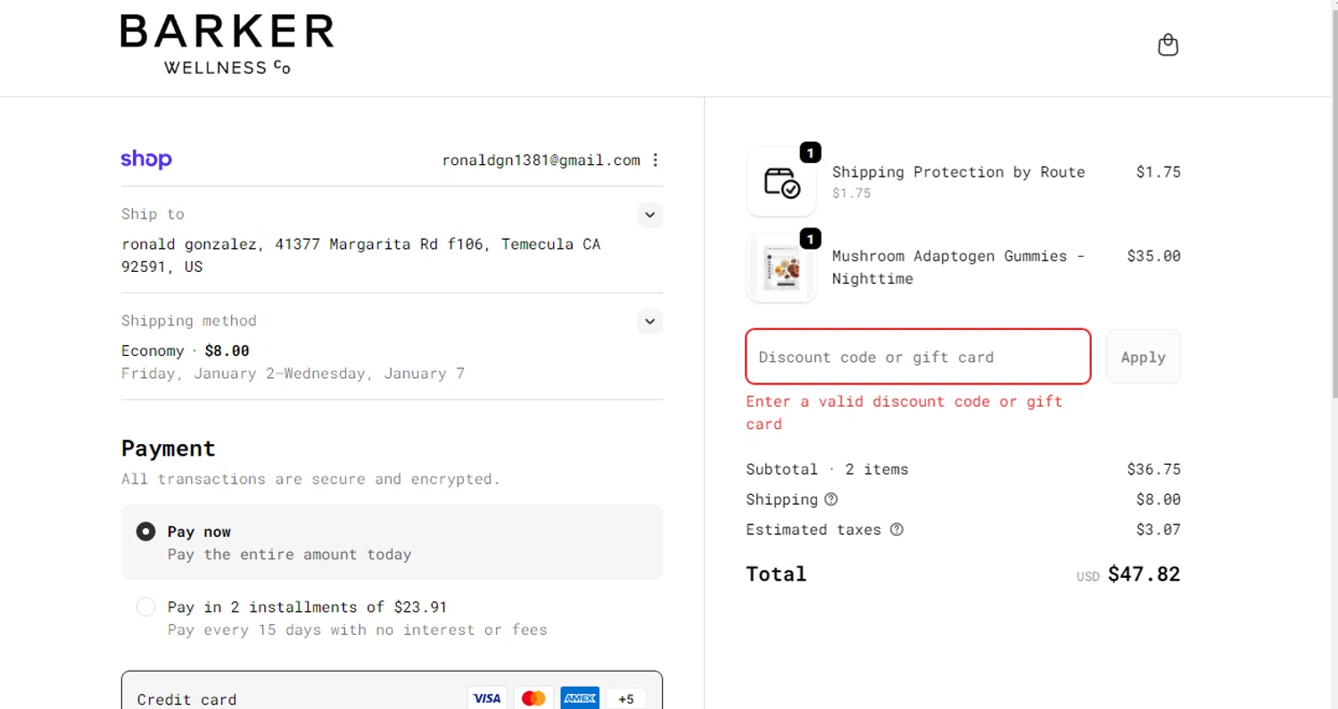 Barker Wellness Co promo code screenshot showing code SIGNUP15 applied at Barker Wellness Co checkout page. Uploaded by SimplyCodes community member SmartSaver7916 on Dec 22, 2025