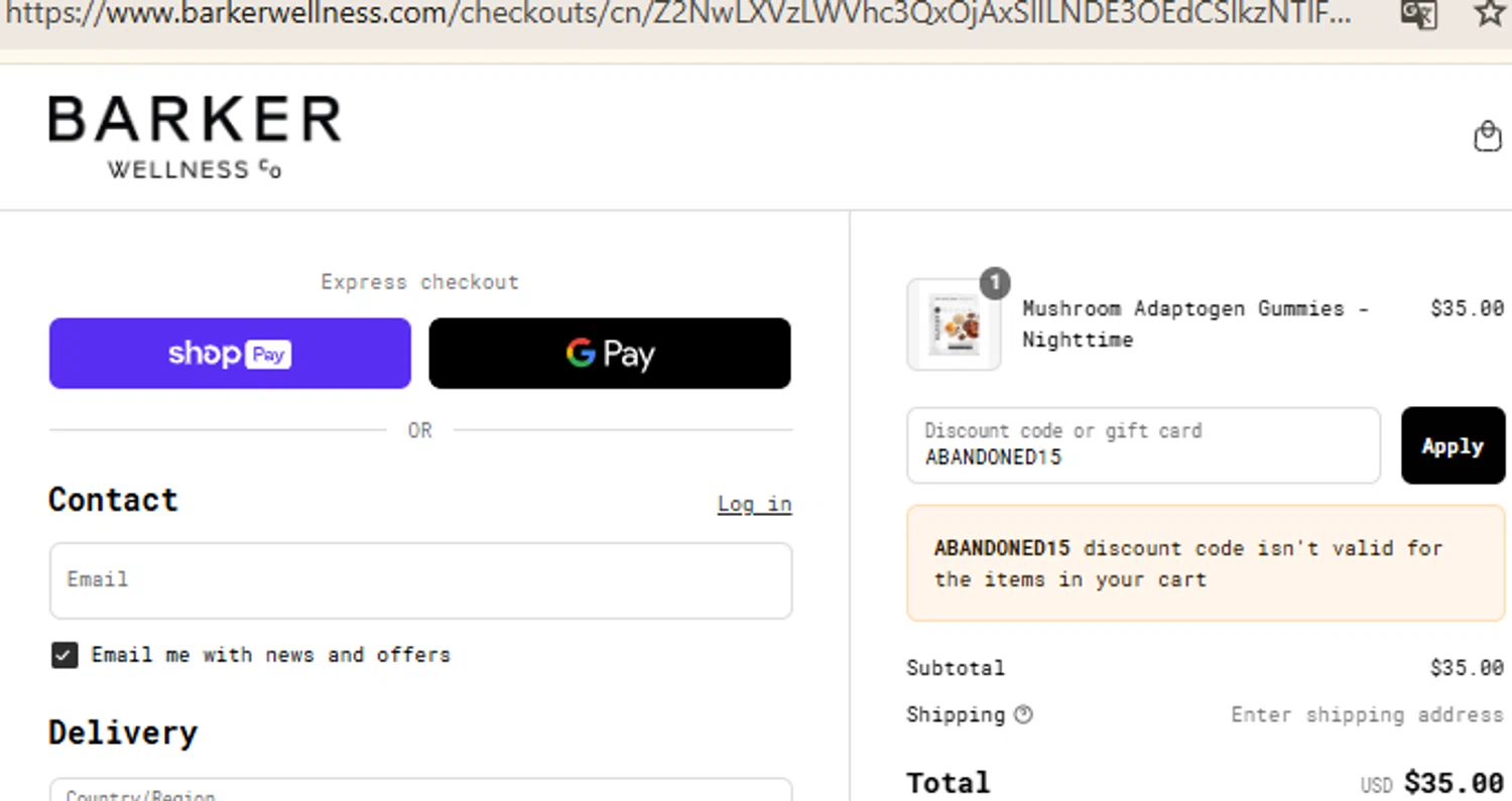 Barker Wellness Co promo code screenshot showing code ABANDONED15 applied at Barker Wellness Co checkout page. Uploaded by SimplyCodes community member RewardFinder4836 on Jun 25, 2025