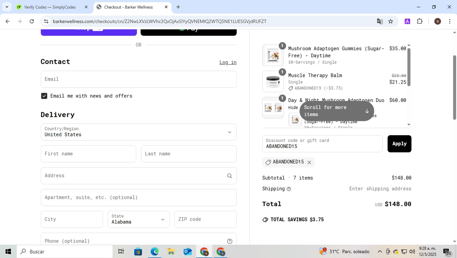 Barker Wellness Co promo code screenshot showing code ABANDONED15 applied at Barker Wellness Co checkout page. Uploaded by SimplyCodes community member b3stia_1 on May 12, 2025