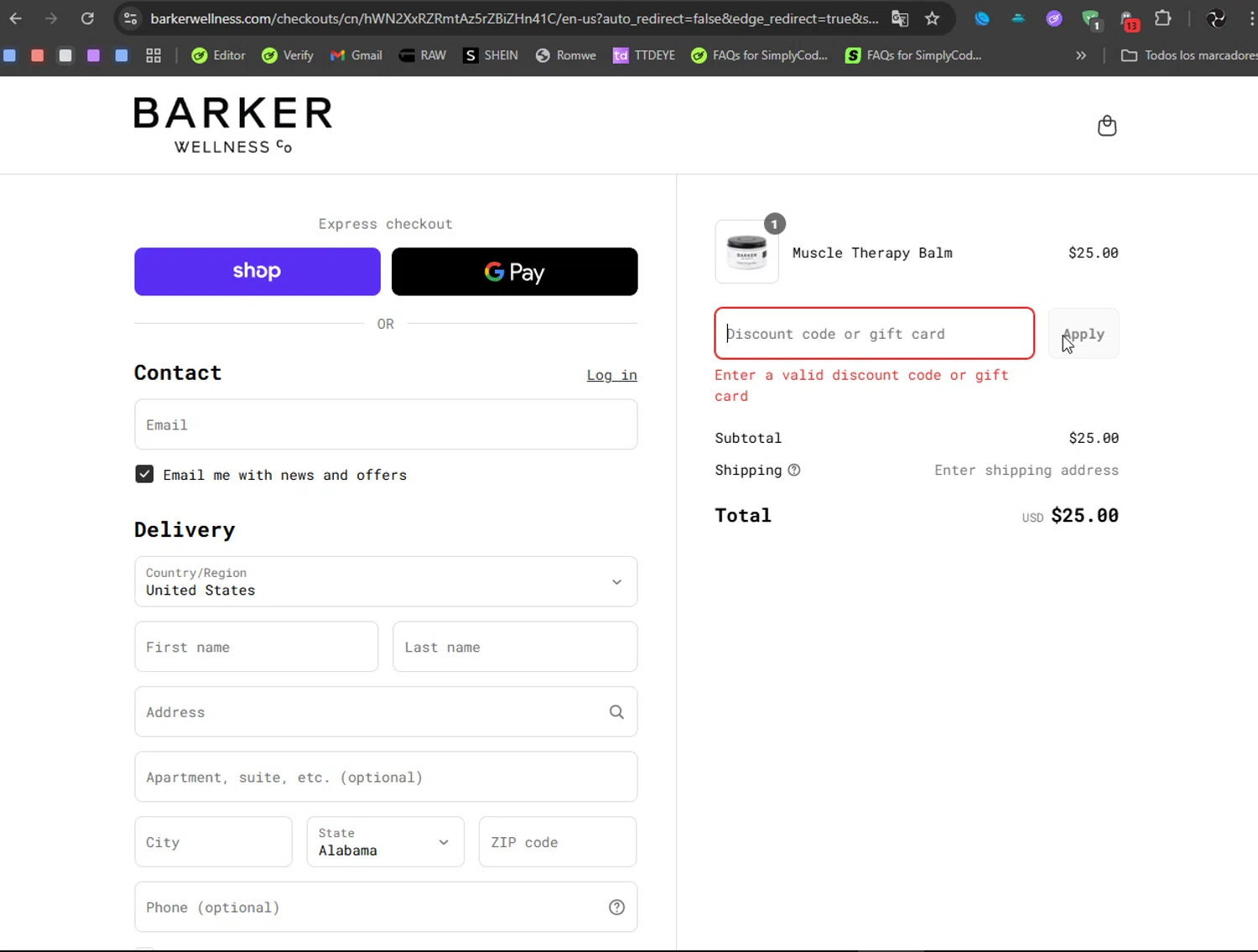 Barker Wellness Co promo code screenshot showing code BARKER25 applied at Barker Wellness Co checkout page. Uploaded by SimplyCodes community member Ryukyu on Sep 3, 2025