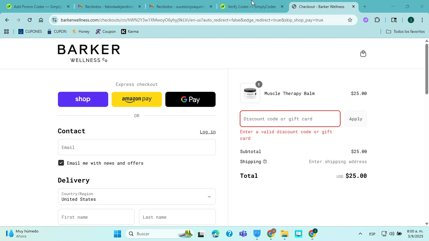 Barker Wellness Co promo code screenshot showing code BARKER25 applied at Barker Wellness Co checkout page. Uploaded by SimplyCodes community member jorgejavierherrera on Sep 3, 2025