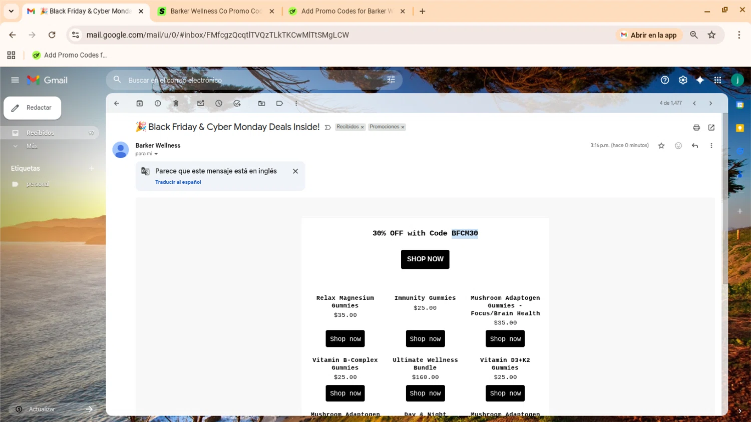 Barker Wellness Co promo code screenshot showing code BFCM30 applied at Barker Wellness Co checkout page. Uploaded by SimplyCodes community member yennifergonzalez on Nov 26, 2025