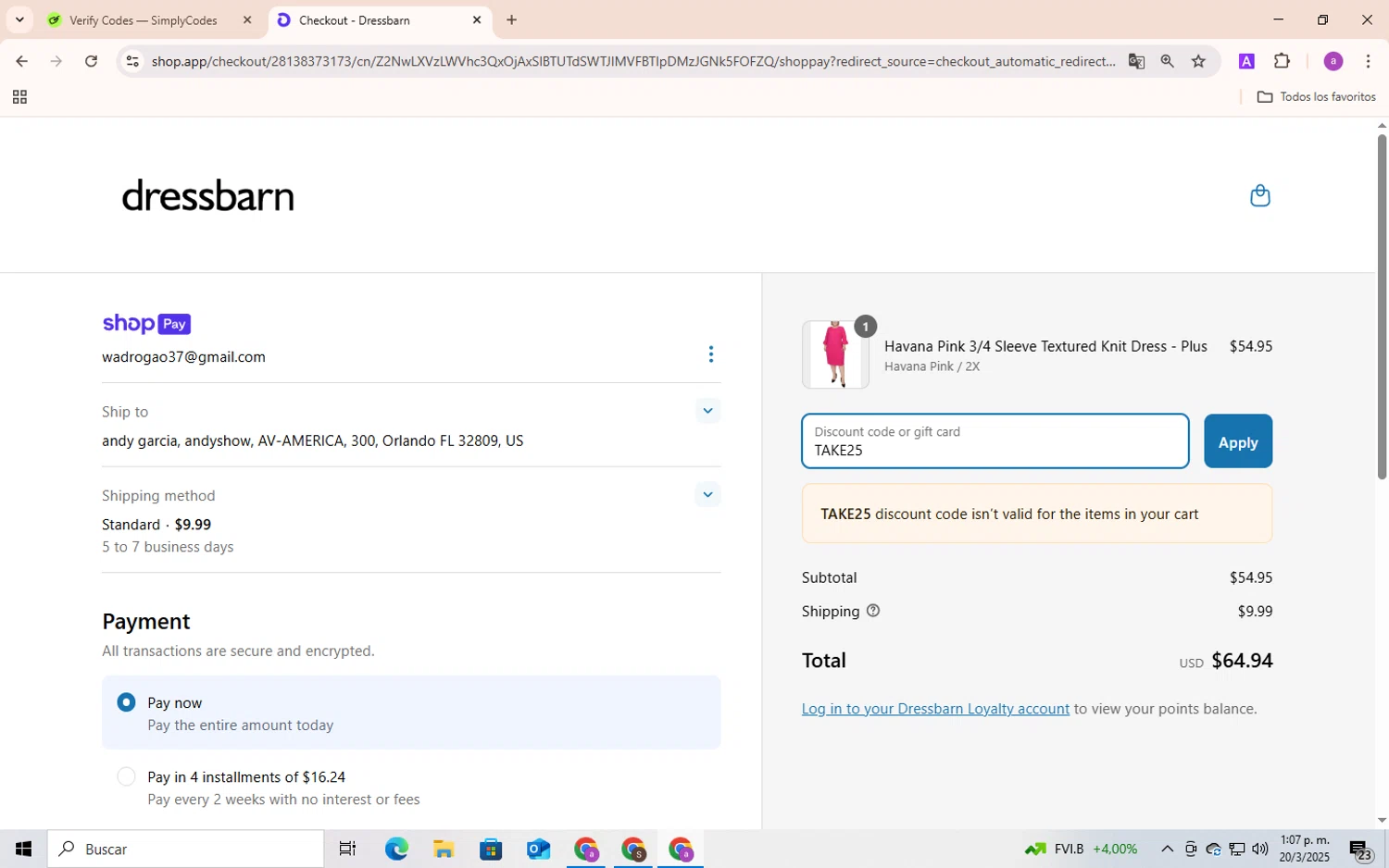Dressbarn promo code screenshot showing code TAKE25 applied at Dressbarn checkout page. Uploaded by SimplyCodes community member Andygar on Mar 20, 2025
