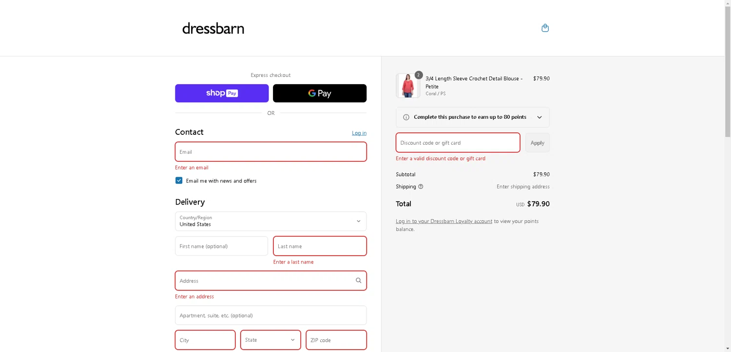 Dressbarn promo code screenshot showing code SAVE20 applied at Dressbarn checkout page. Uploaded by SimplyCodes community member BargainCurator5453 on Aug 9, 2025