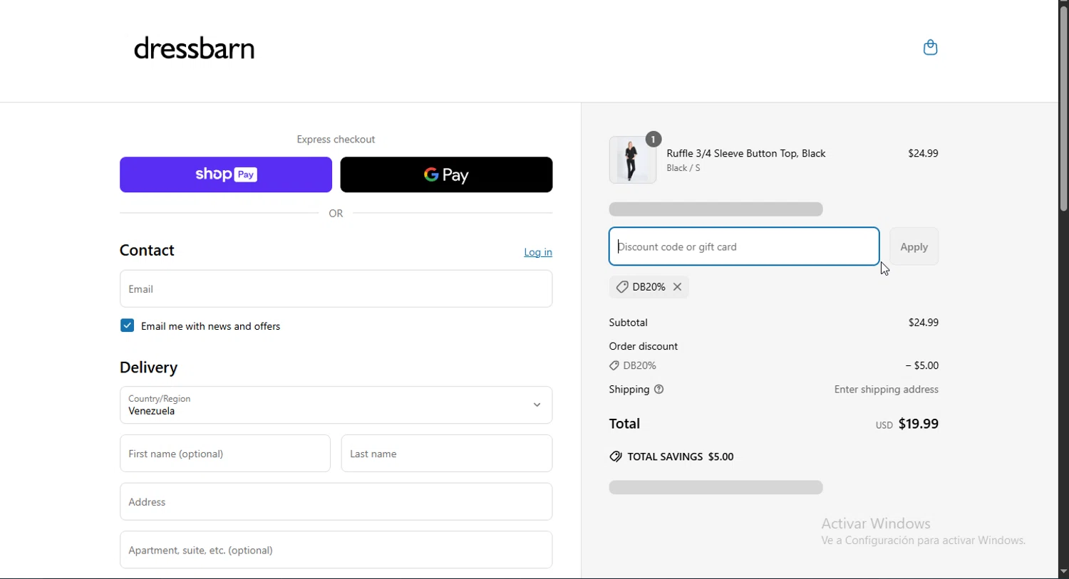 Dressbarn promo code screenshot showing code DB20% applied at Dressbarn checkout page. Uploaded by SimplyCodes community member Jsjsjsjsjsjsjs on Apr 6, 2025