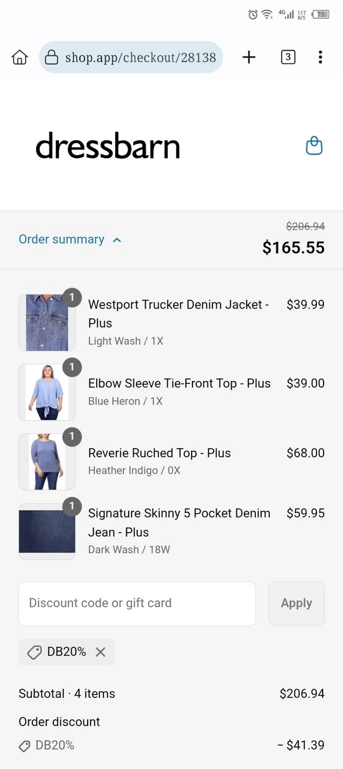 Dressbarn promo code screenshot showing code DB20% applied at Dressbarn checkout page. Uploaded by SimplyCodes community member Xx_Cogeburras3000_xX on May 13, 2025