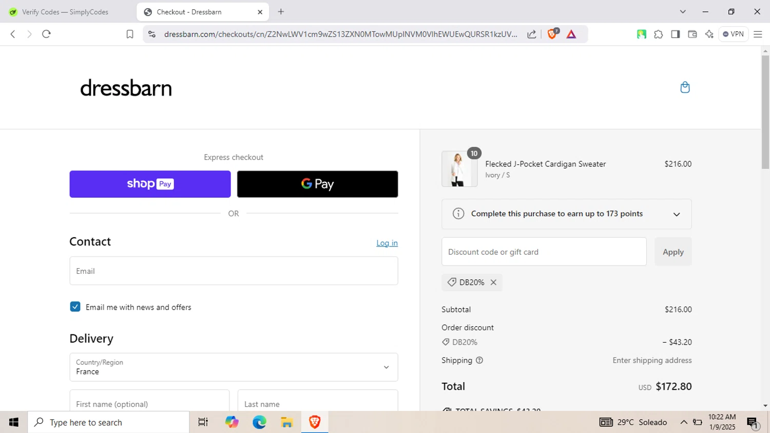 Dressbarn promo code screenshot showing code DB20% applied at Dressbarn checkout page. Uploaded by SimplyCodes community member FortunateMaverick7788 on Jan 9, 2025