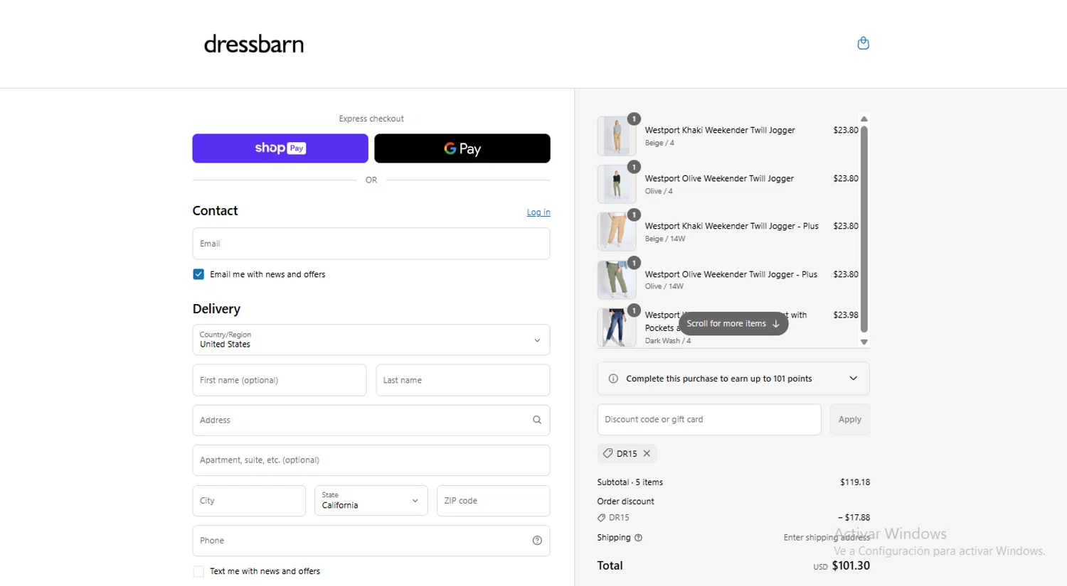 Dressbarn promo code screenshot showing code DR15 applied at Dressbarn checkout page. Uploaded by SimplyCodes community member alexcoleman on May 13, 2025