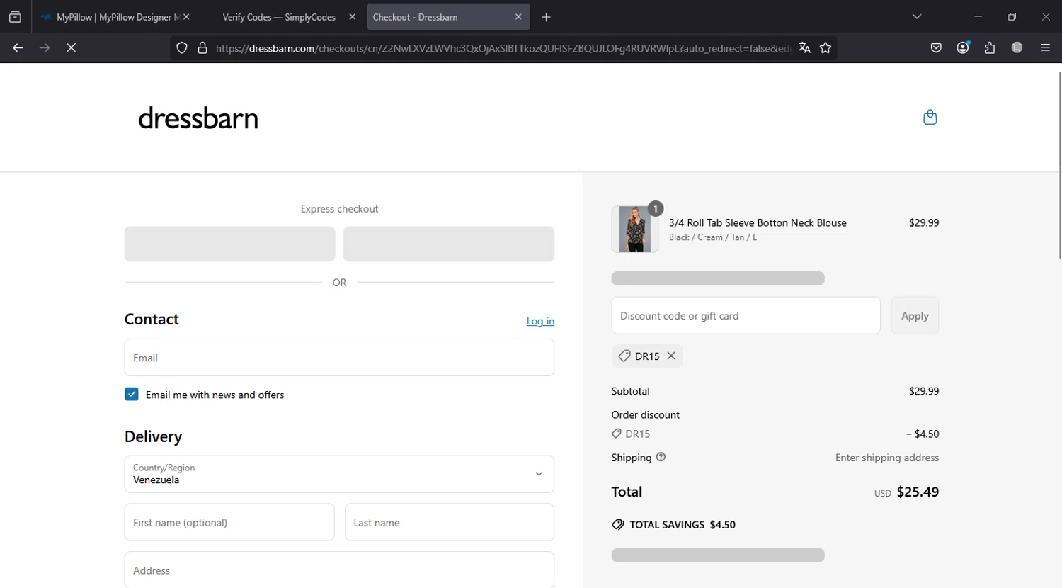 Dressbarn promo code screenshot showing code DR15 applied at Dressbarn checkout page. Uploaded by SimplyCodes community member BargainPhoenix231 on Mar 20, 2025