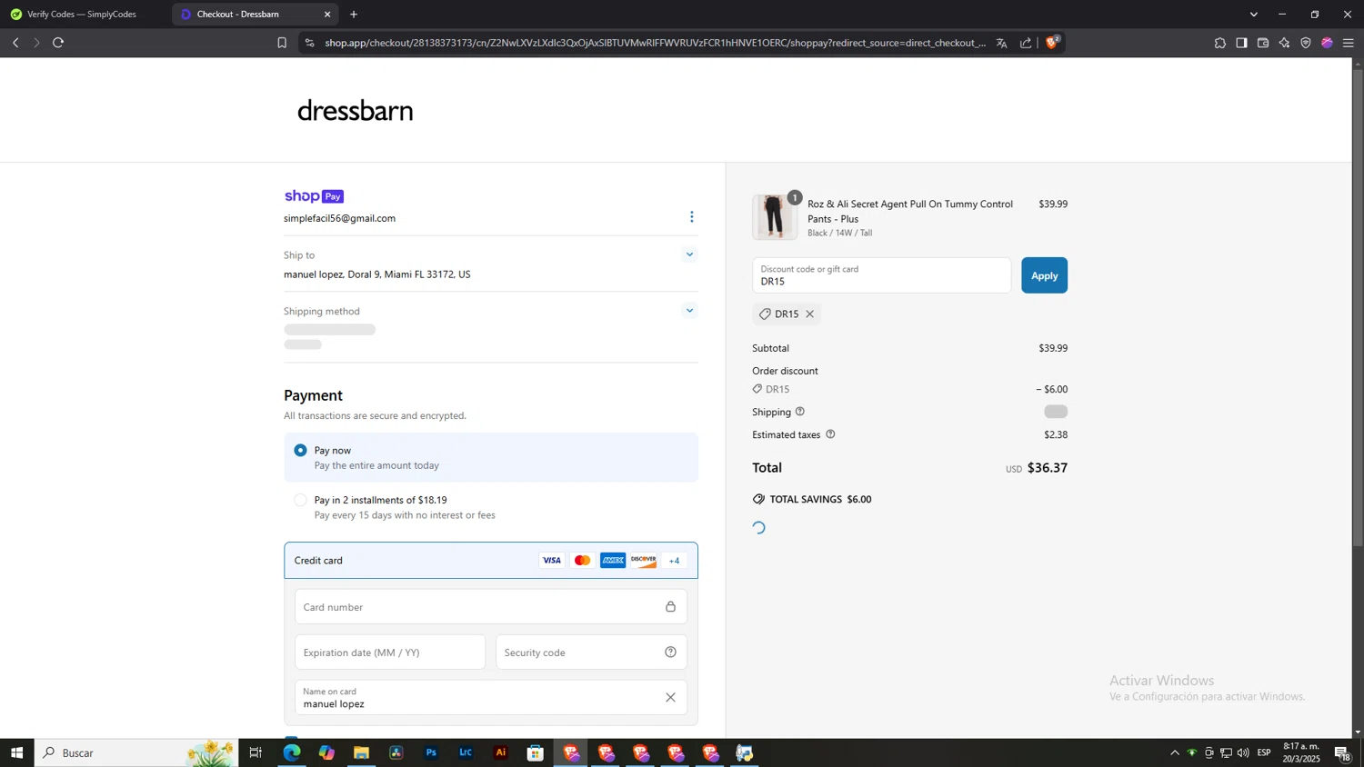Dressbarn promo code screenshot showing code DR15 applied at Dressbarn checkout page. Uploaded by SimplyCodes community member NobleLegend6162 on Mar 20, 2025