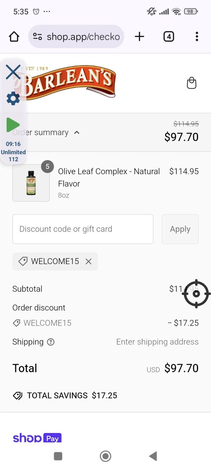 Barlean's Organic Oils promo code screenshot showing code WELCOME15 applied at Barlean's Organic Oils checkout page. Uploaded by SimplyCodes community member VictoriousPilot5369 on Feb 5, 2025
