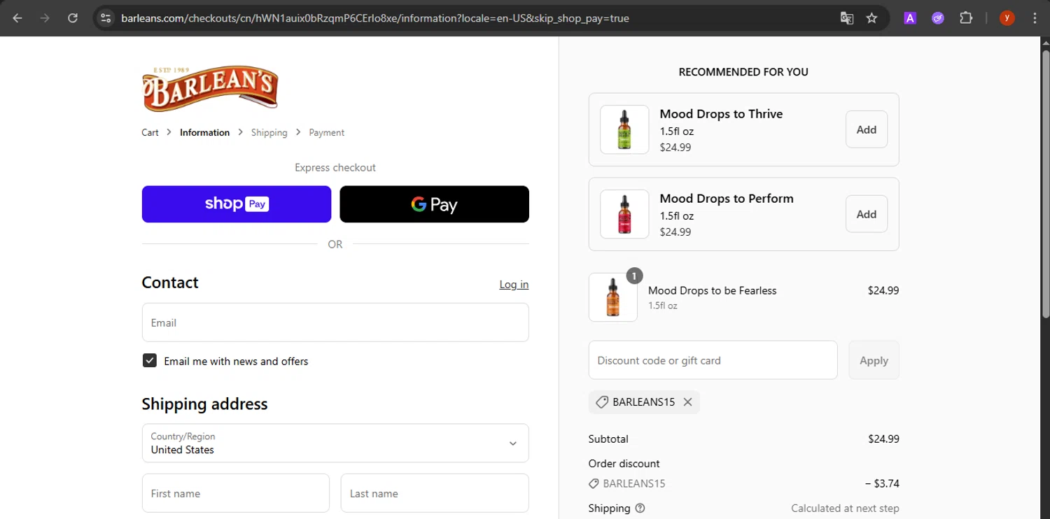 Barlean's Organic Oils promo code screenshot showing code BARLEANS15 applied at Barlean's Organic Oils checkout page. Uploaded by SimplyCodes community member CrownTiger7501 on Aug 9, 2025