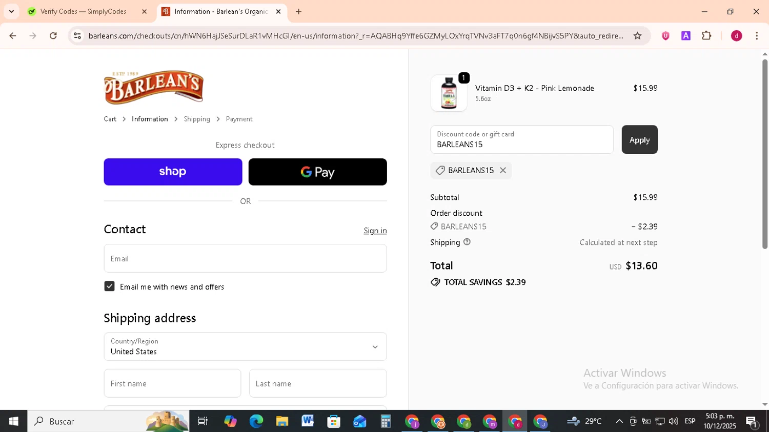 Barlean's Organic Oils promo code screenshot showing code BARLEANS15 applied at Barlean's Organic Oils checkout page. Uploaded by SimplyCodes community member FrugalMonarch7277 on Dec 10, 2025