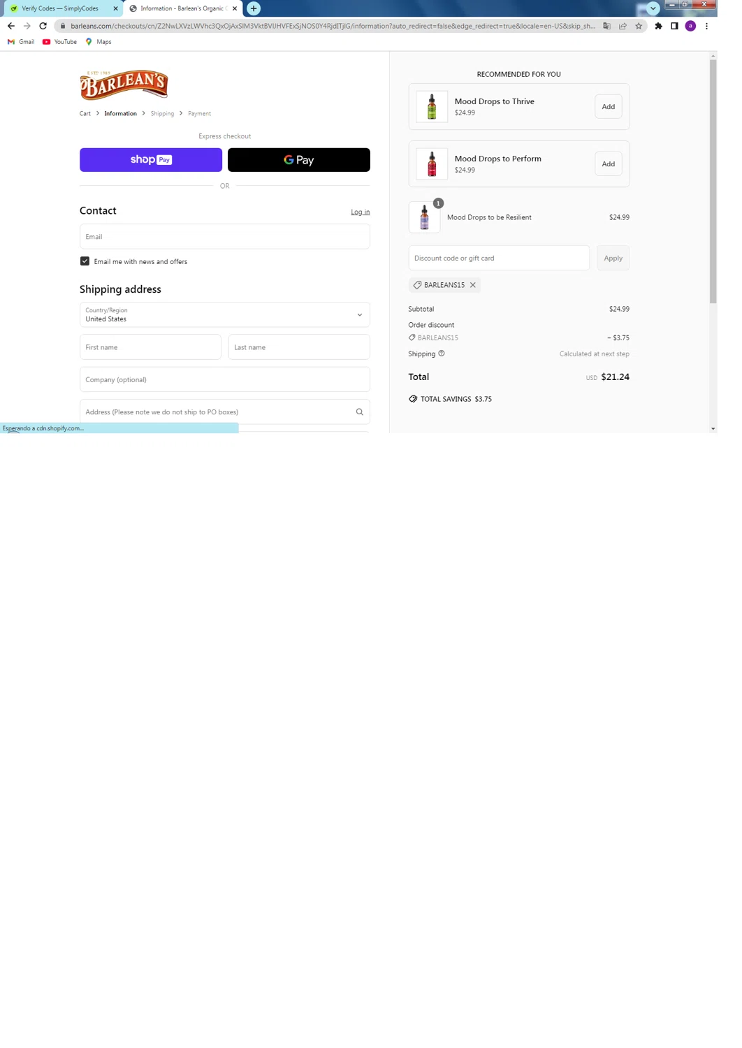 Barlean's Organic Oils promo code screenshot showing code BARLEANS15 applied at Barlean's Organic Oils checkout page. Uploaded by SimplyCodes community member harinapan on Apr 19, 2025